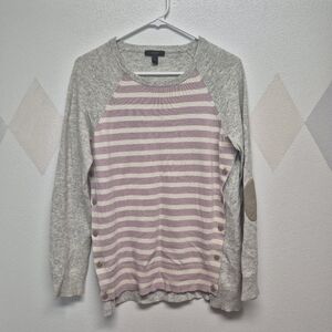 J. Crew Striped Wool Rabbit Hair Blend Gray and Pink Sweater Button Detail Fairy